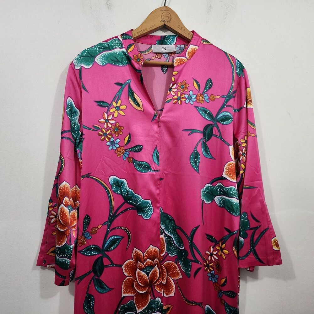 Natori Hot Pink Satin Floral Caftan Mandarin neckline Womens S Resort Lounge - Picture 9 of 11